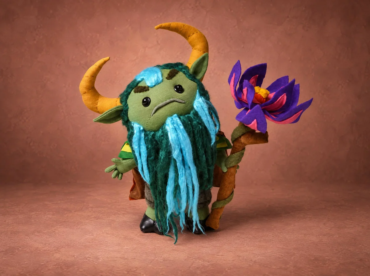 Мягкая игрушка Фурион из Dota 2 ручной работы: зеленый лесной дух с желтыми рогами и цветком на посохе