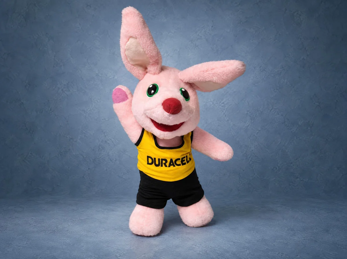 Розовый плюшевый кролик в желтой майке с надписью Duracell, игрушка сшита по образцу на заказ