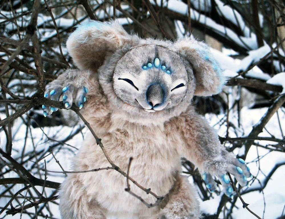 Игрушка коала с голубыми кончиками ушей тянет лапу сквозь зимние ветки, мягкая игрушка на заказ